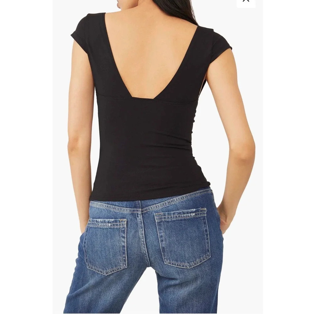 Intimately Free People Black Cap Sleeve Deep V-Neck Top OB1524278 Small